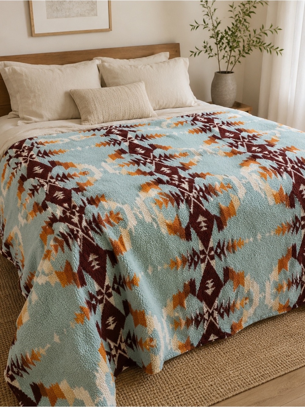 Pendleton Southwestern Sherpa Throw in Light Blue, Brown and Tan